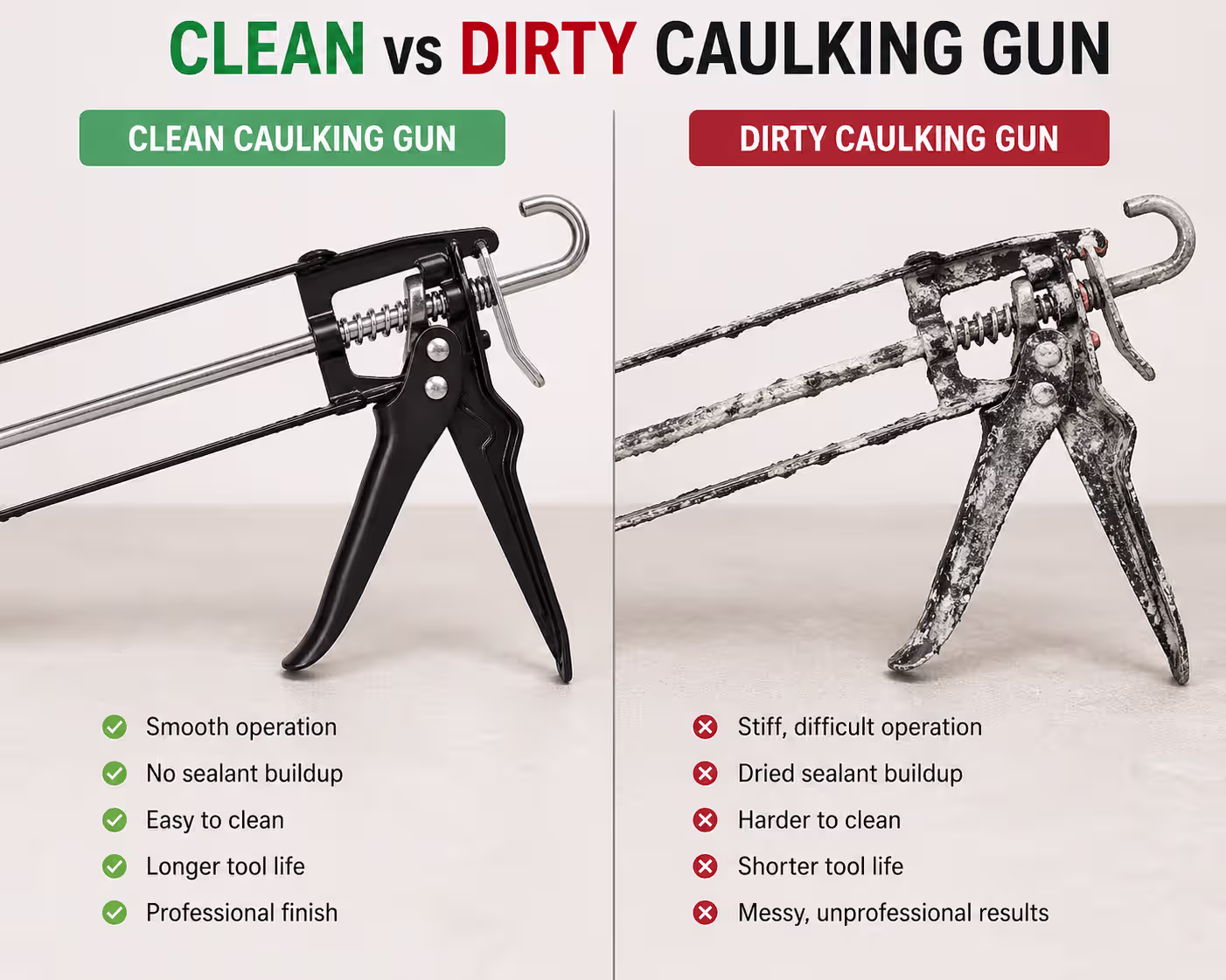 Clean vs dirty caulking gun comparison showing a clean manual caulking gun beside one covered with dried sealant buildup.