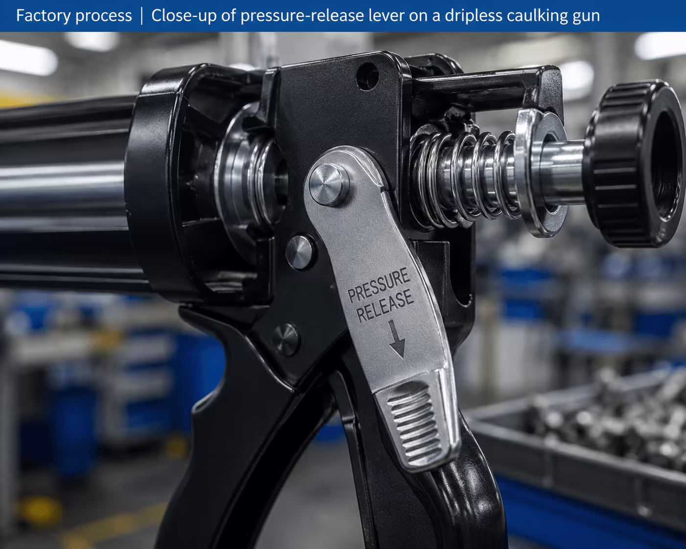 Metal frame caulking gun with ergonomic trigger design