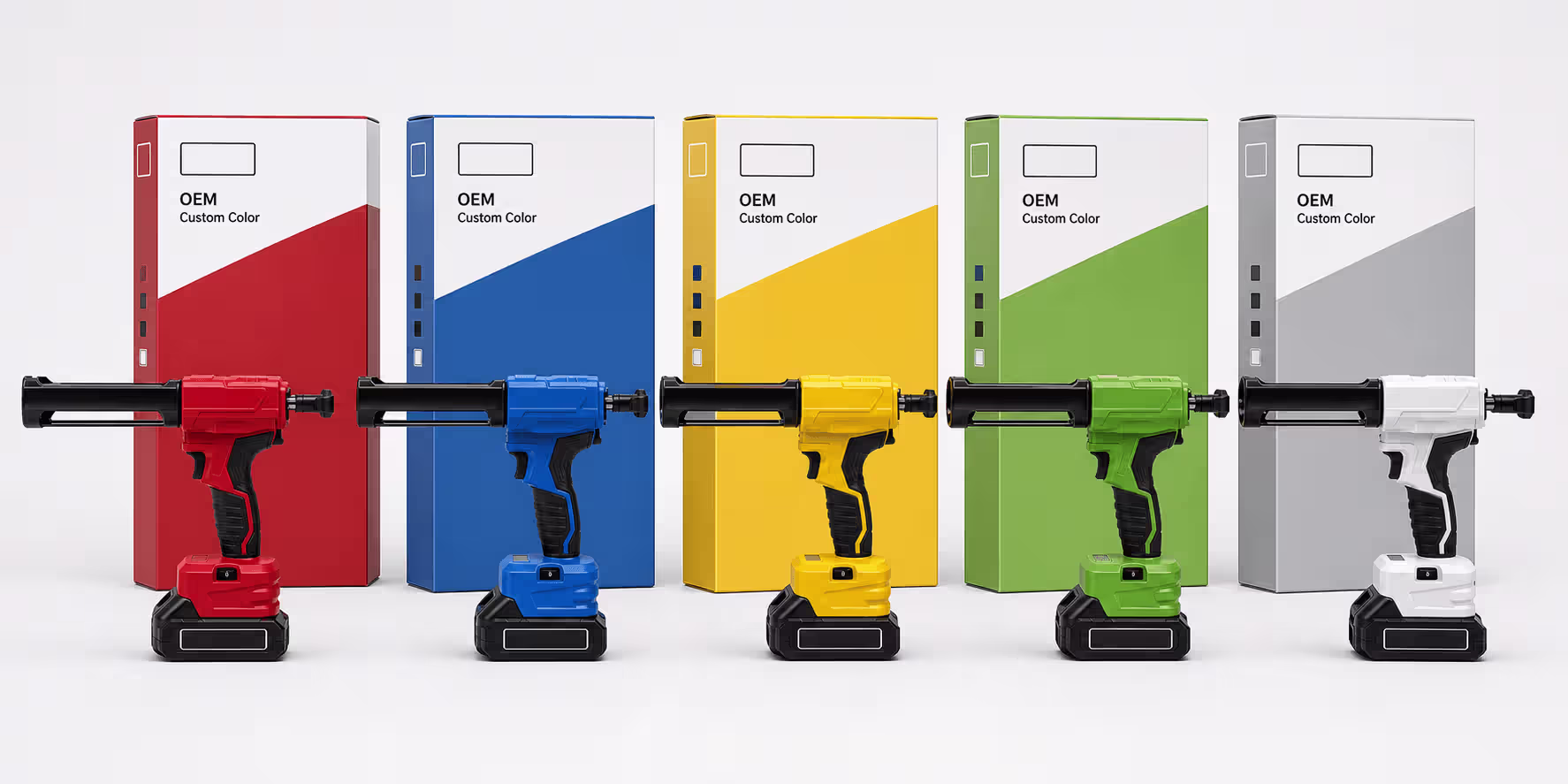 OEM cordless caulking guns in different colors with custom packaging and branding