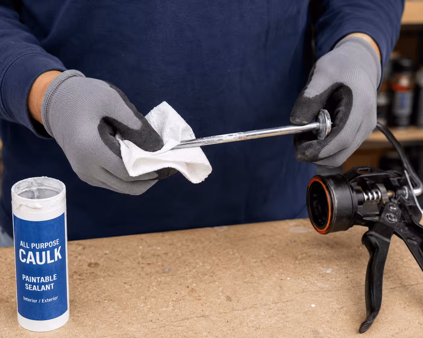 Wiping down a caulking gun plunger rod after removing an empty cartridge
