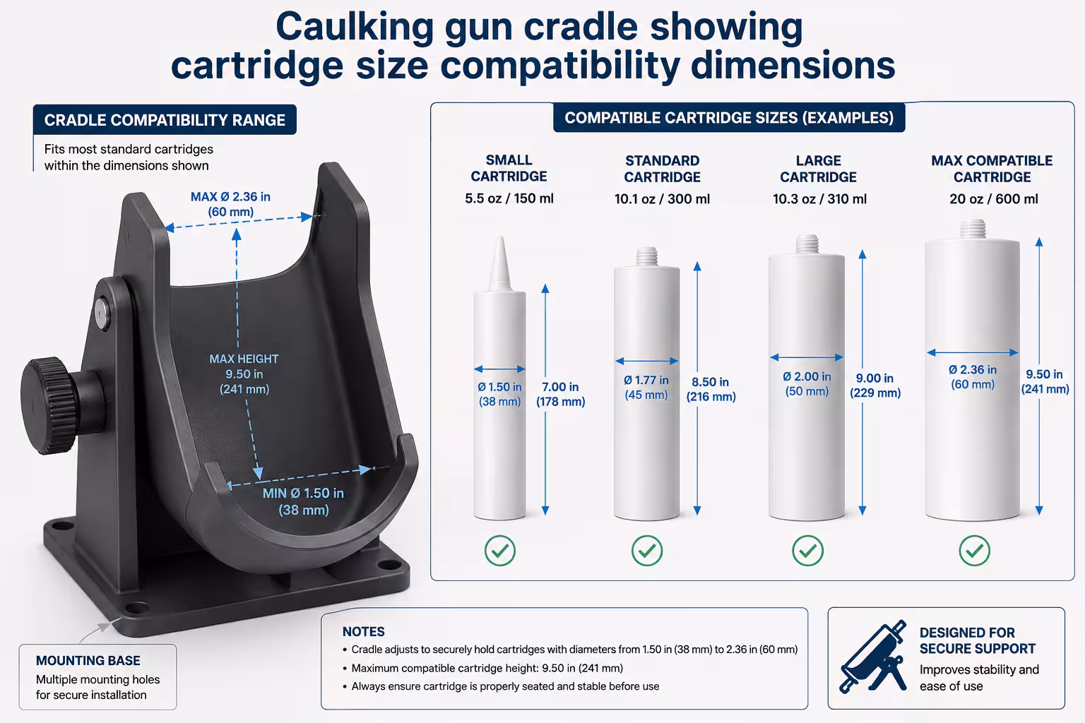 Caulking gun cradle showing cartridge size compatibility dimensions