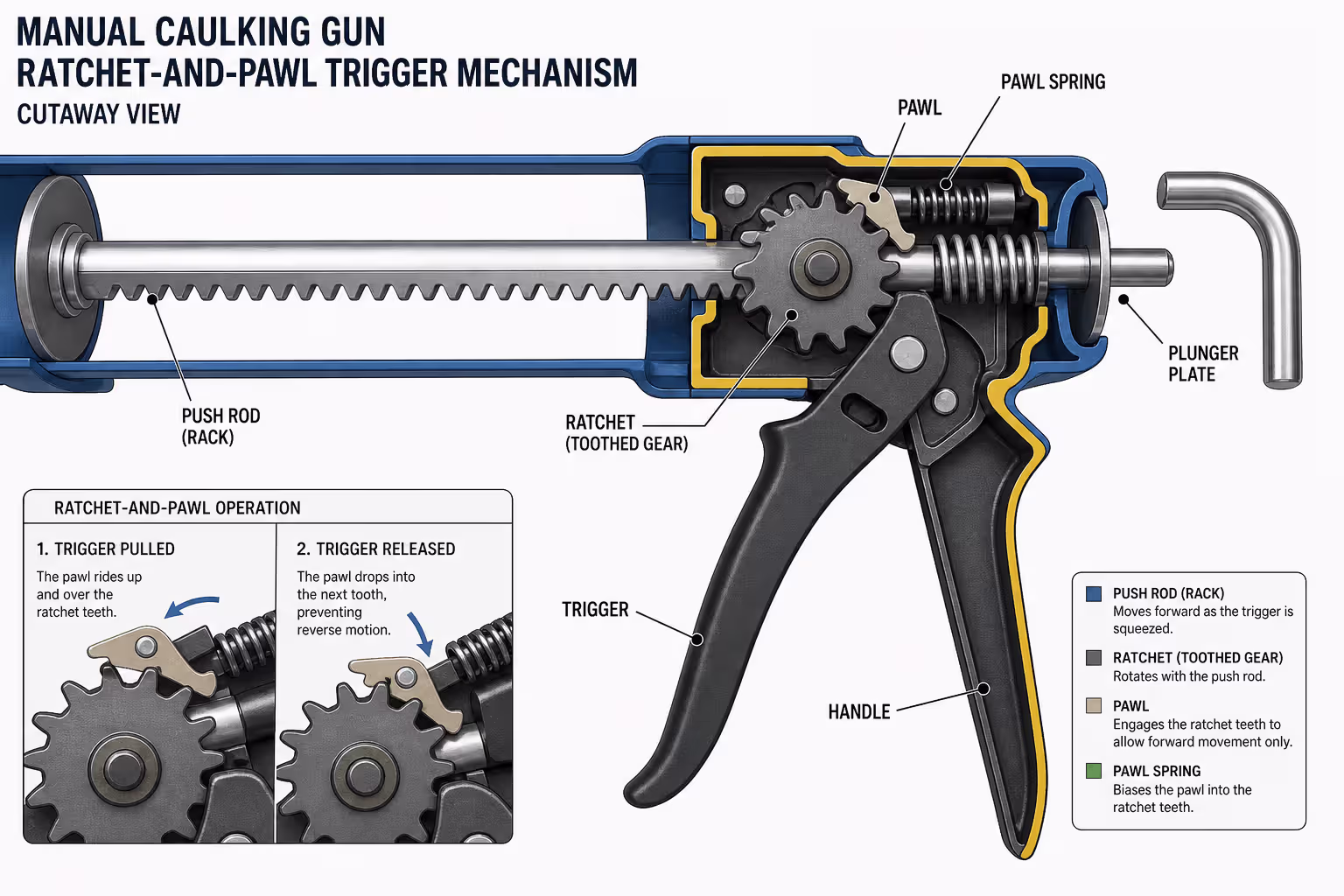 Manual caulking gun ratchet-and-pawl trigger mechanism diagram
