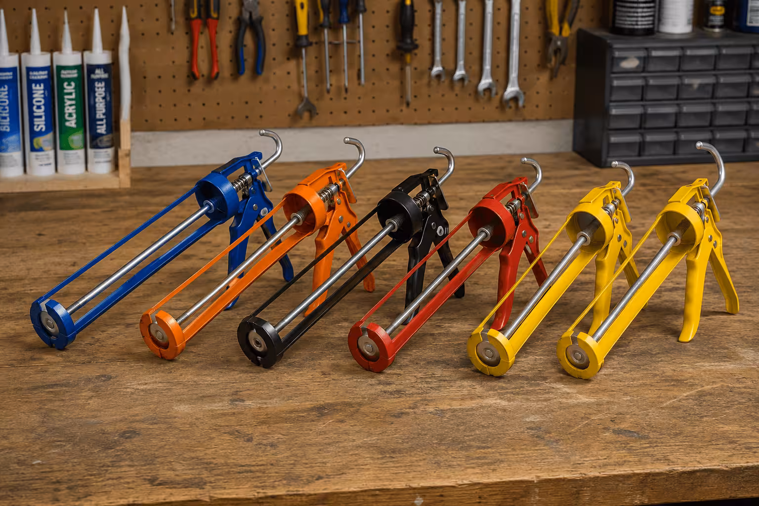 Single component manual caulking guns lined up on a workbench