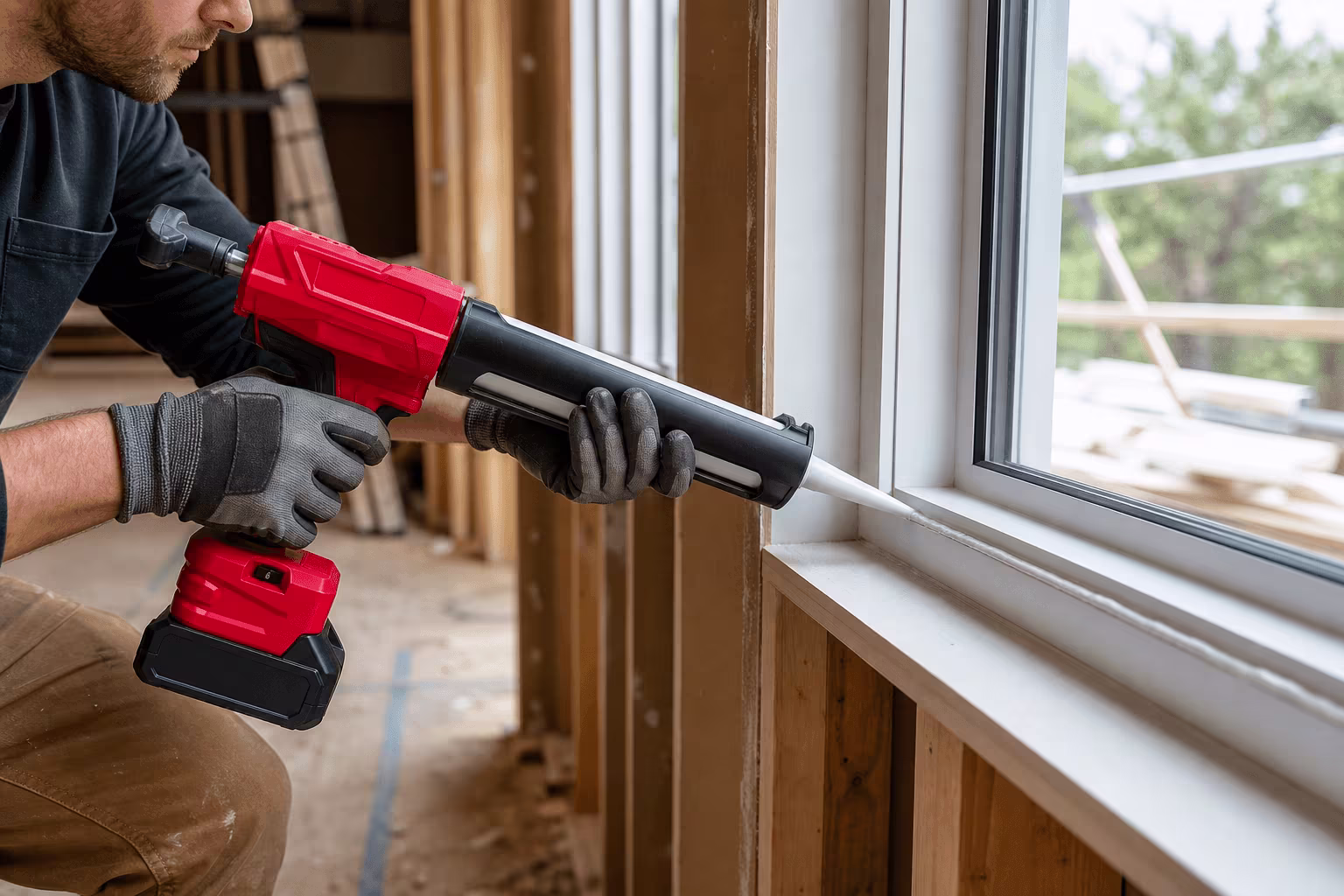 Contractor using a cordless caulking gun to seal window frames on a construction site