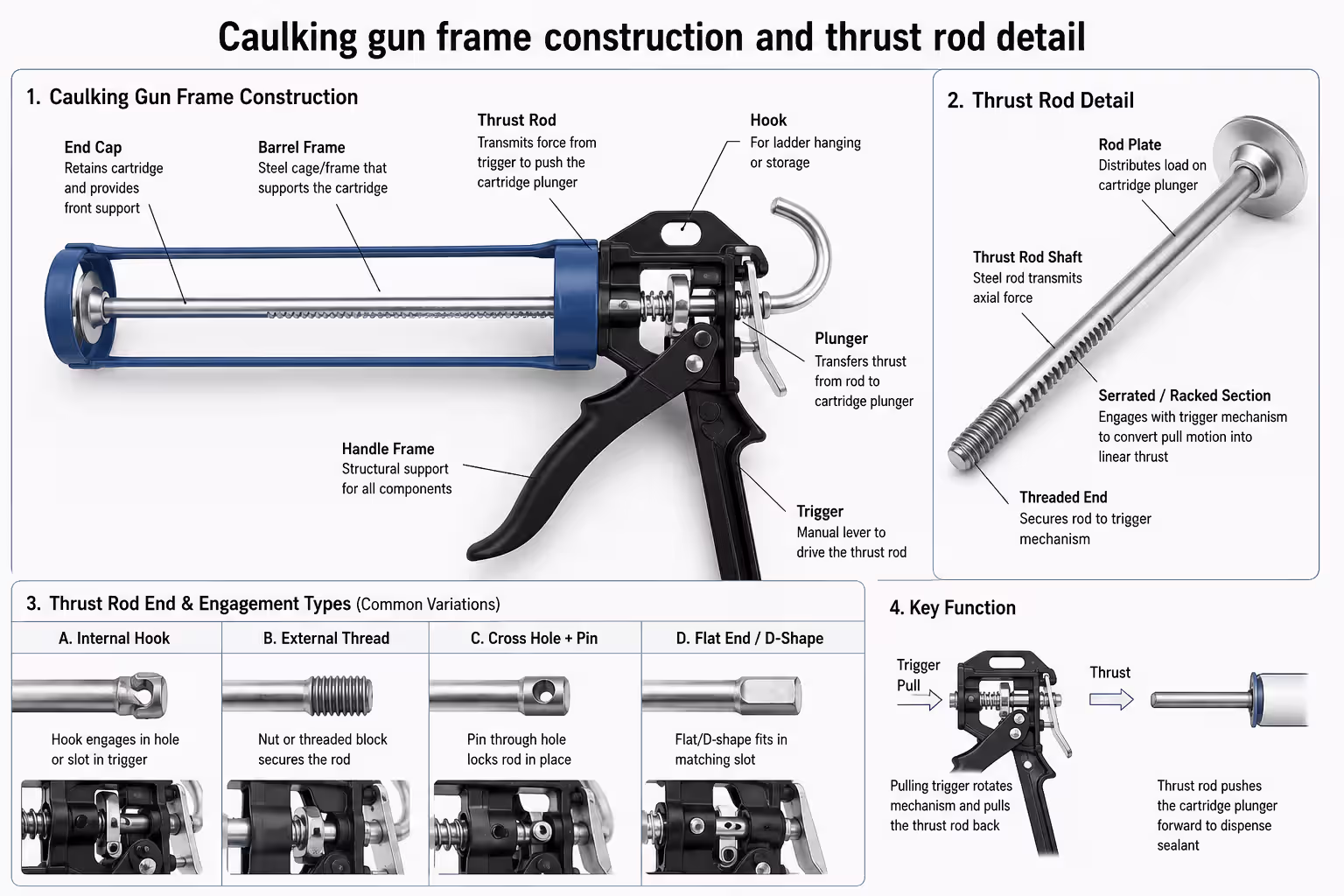 Caulking gun frame construction and thrust rod detail