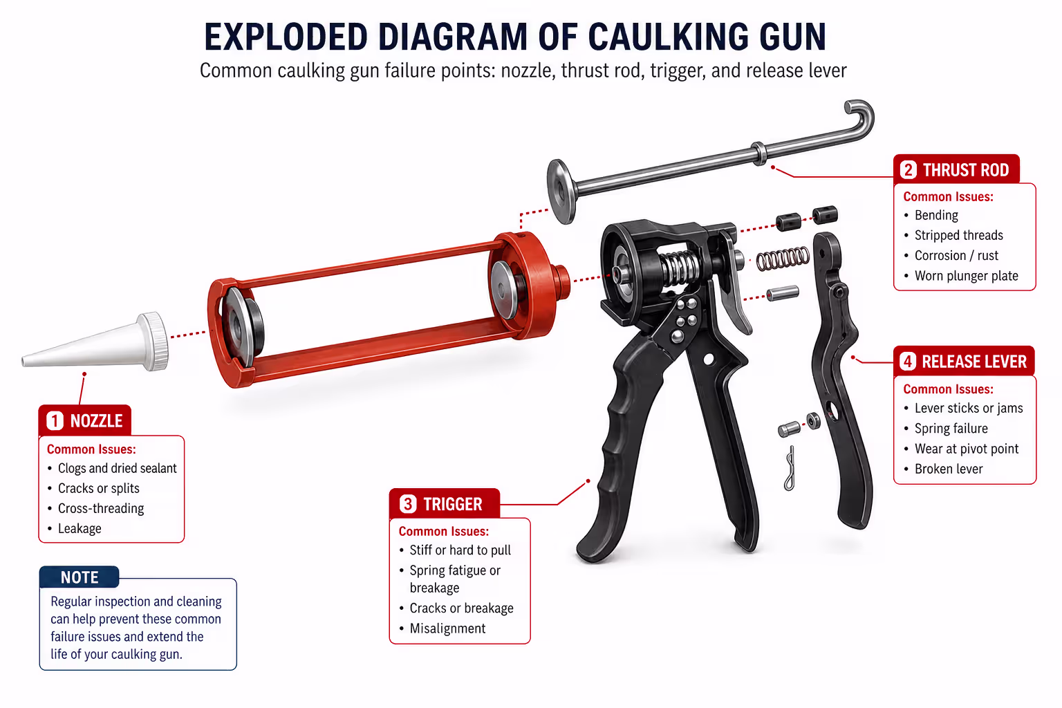 Common caulking gun failure points: nozzle, thrust rod, trigger, and release lever