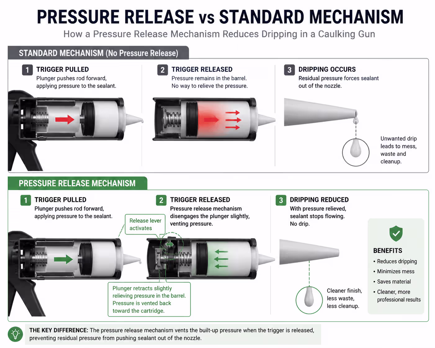 How a pressure release mechanism reduces dripping in a caulking gun
