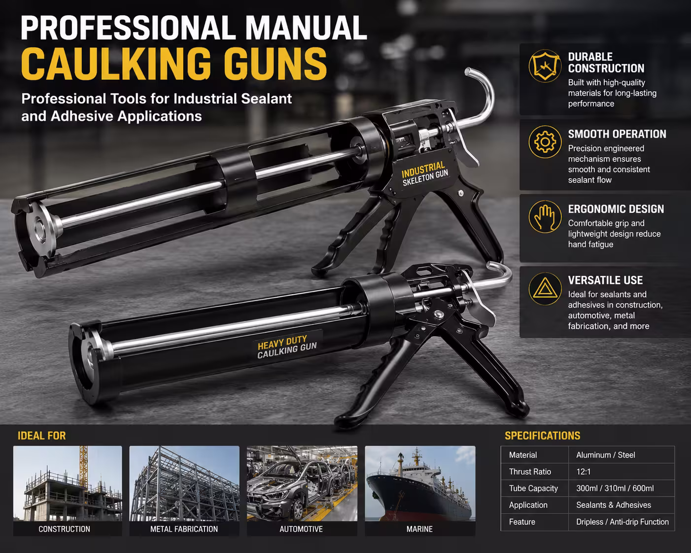 Professional manual caulking guns for industrial sealant and adhesive applications