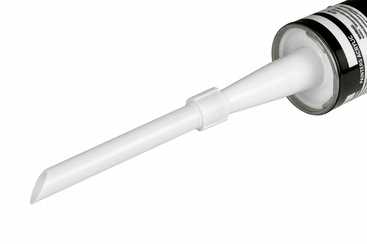 Diagram showing a rigid caulk extension nozzle attached to a standard cartridge nozzle, with the extension tip cut at 45 degrees for a controlled bead