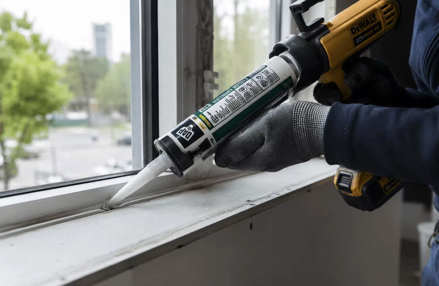 Cordless caulking gun dispensing sealant along a window frame joint, showing the steady pull angle needed for an even bead
