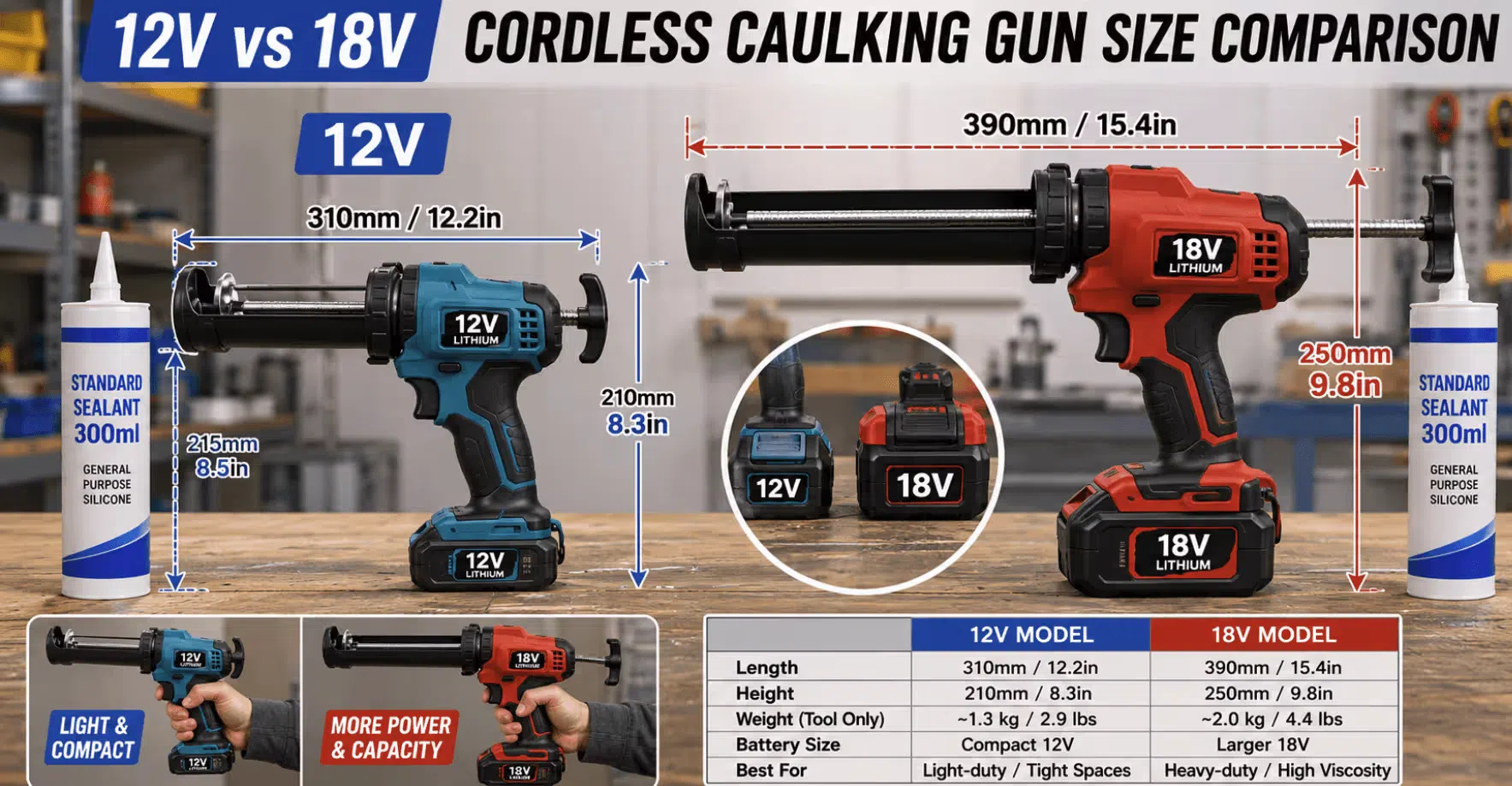 Side-by-side comparison of 12V and 18V cordless caulking guns showing size and weight difference relevant to professional workload capacity