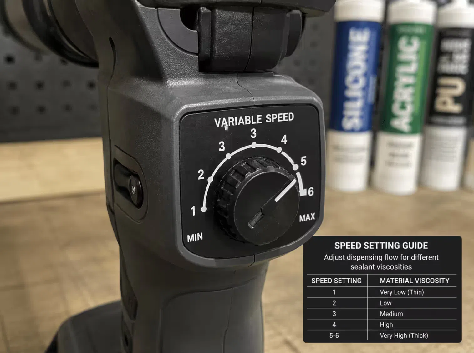 Battery caulking gun speed dial showing multiple dispensing settings for adjusting flow rate to match sealant viscosity