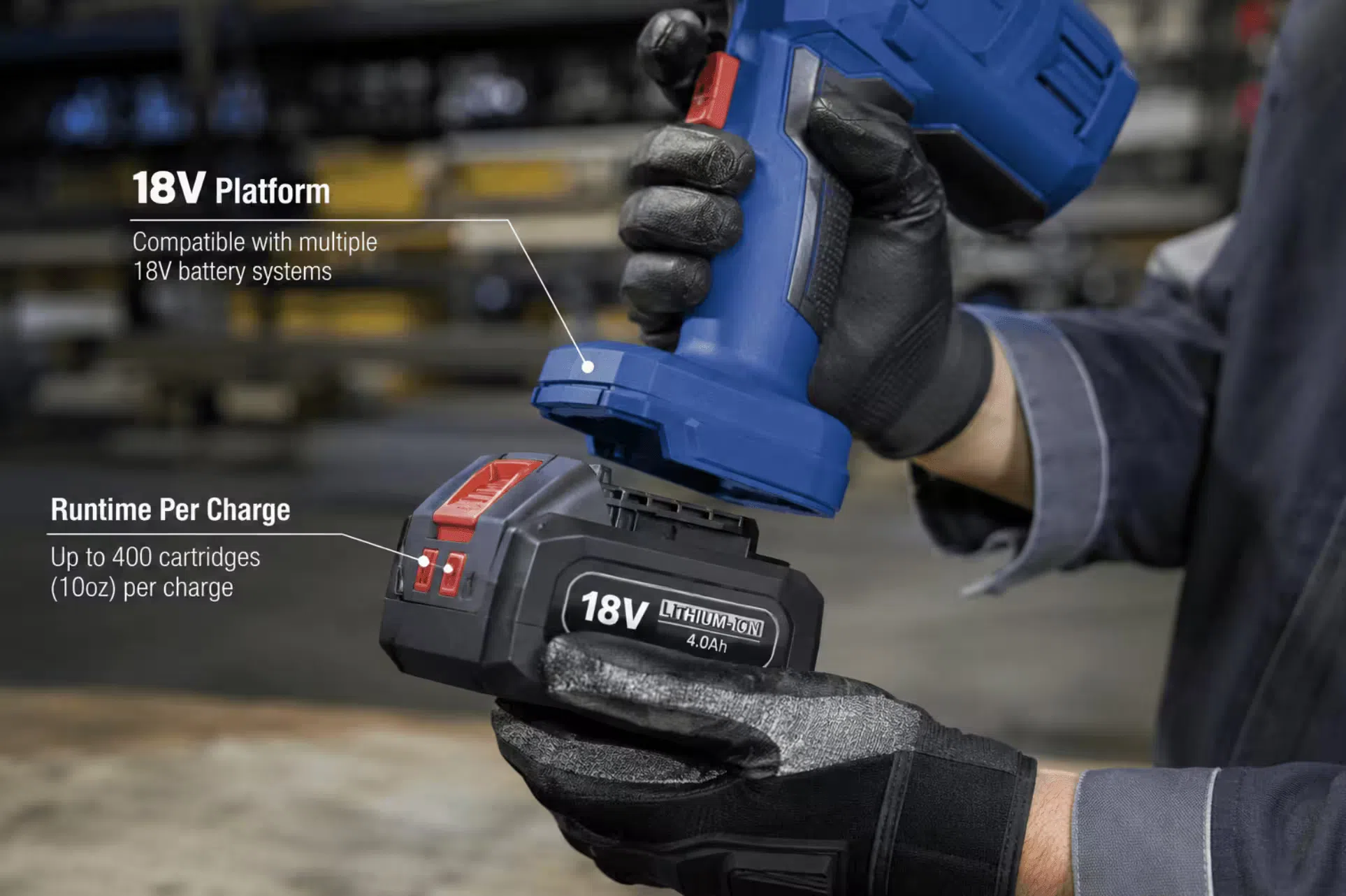Battery platform compatibility for cordless caulking gun showing 18V battery insertion and runtime indicator