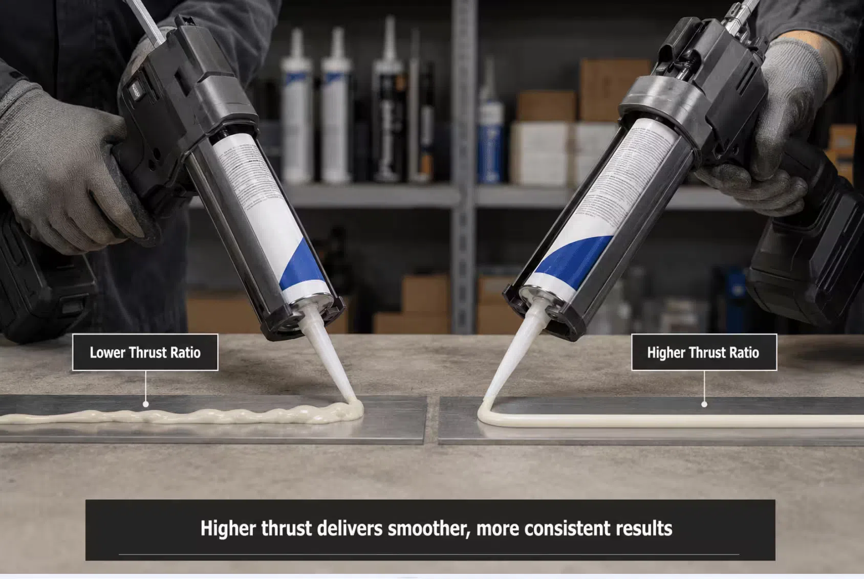 Comparison of low and high thrust ratio cordless caulking guns dispensing thick polyurethane sealant, showing how higher thrust ratio maintains consistent flow