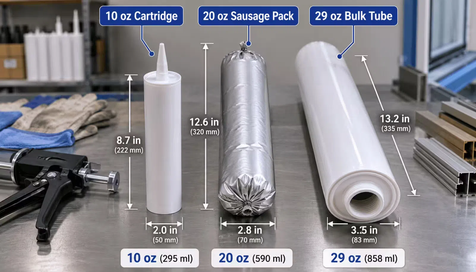 10 oz cartridge, 20 oz sausage pack, and 29 oz bulk tube comparison for sealant dispensing selection