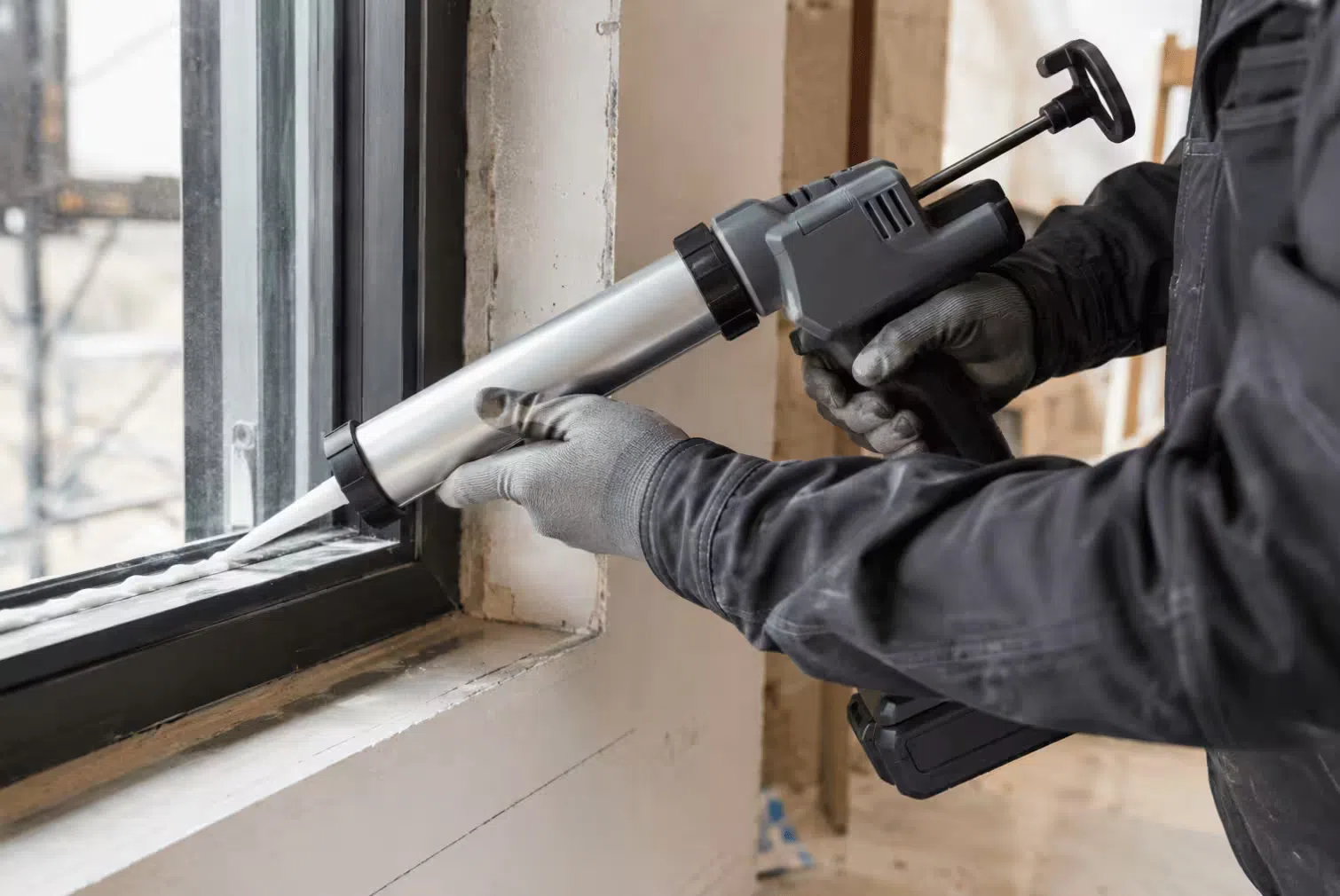 Cordless caulking gun dispensing sealant along an interior window frame on a construction jobsite