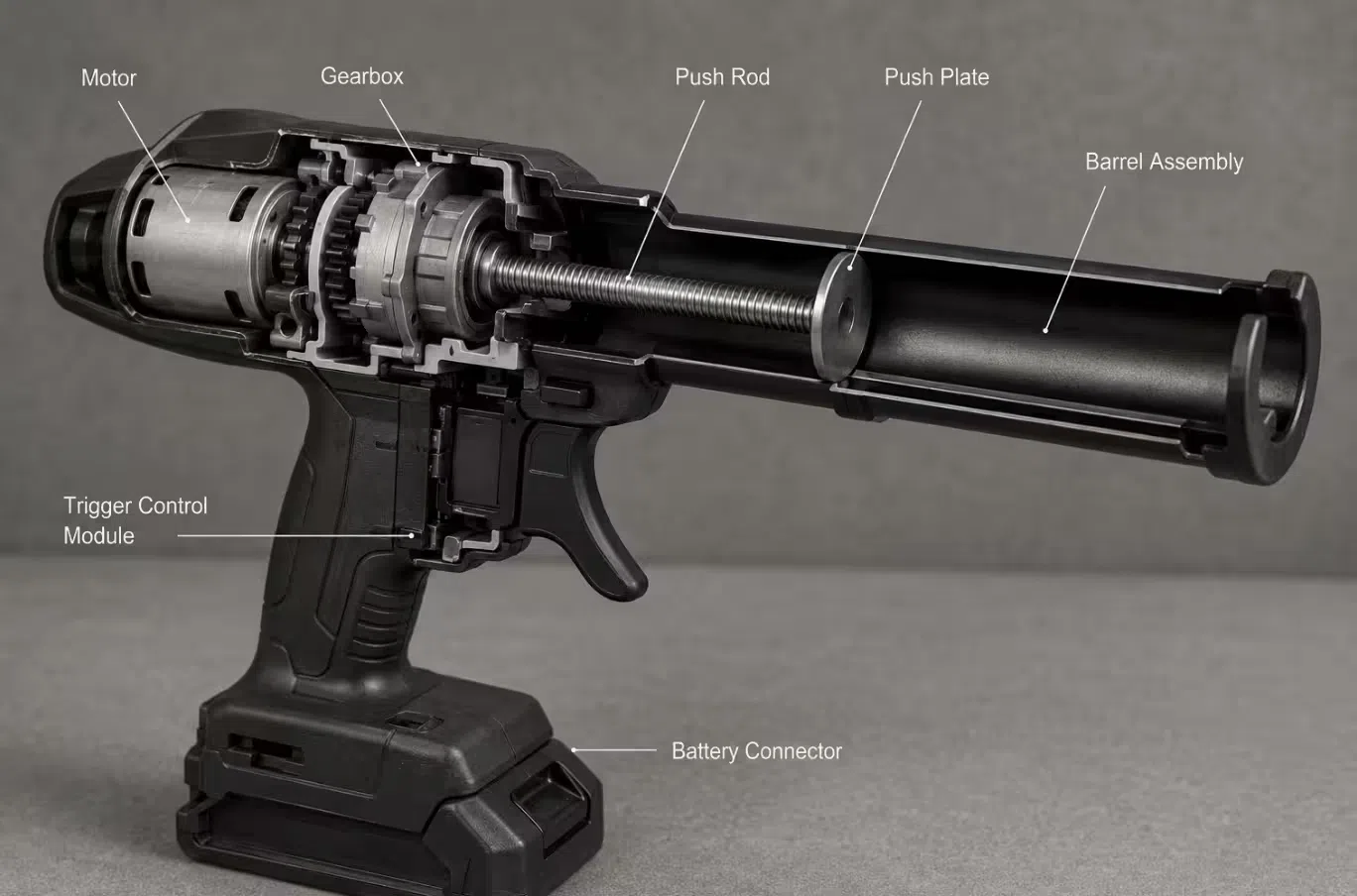 Internal motor, push plate, and barrel assembly of a cordless caulking gun showing the components that determine dispensing force and long-term durability