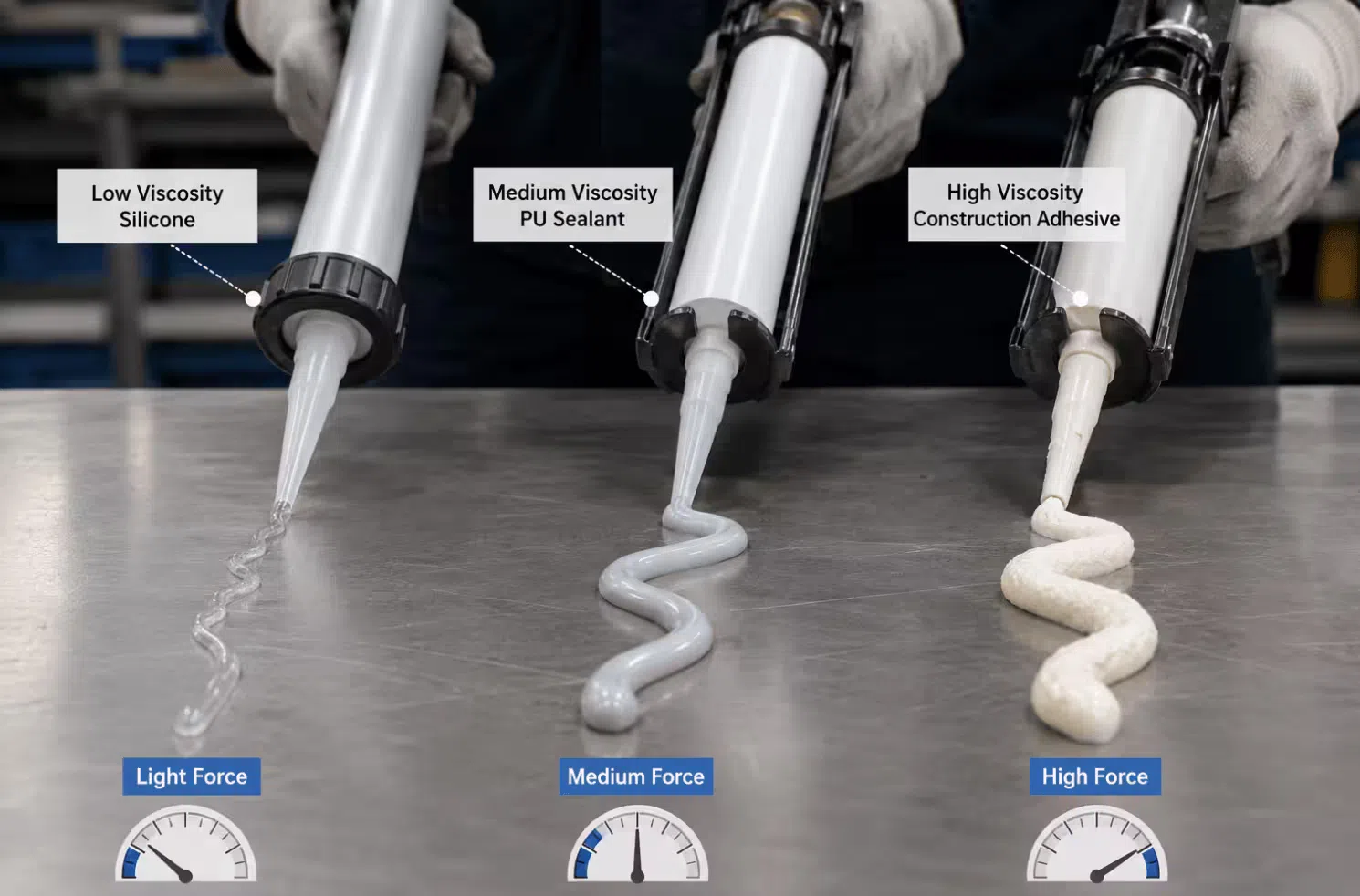 Comparison showing low-viscosity silicone, medium-viscosity polyurethane, and high-viscosity construction adhesive with the dispensing force required for each material type