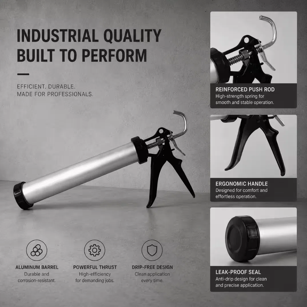 Industrial manual sausage caulking gun with aluminum barrel, reinforced push rod, and drip-free design