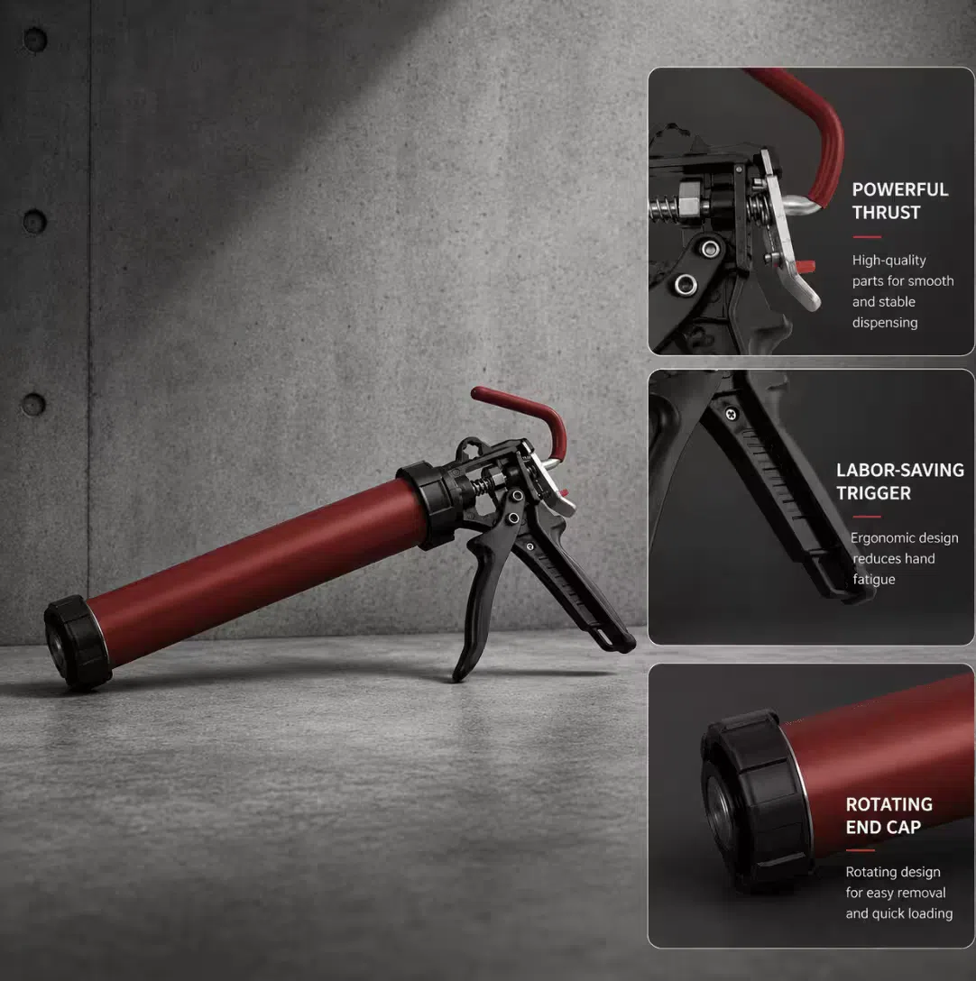 Industrial 600ml sausage caulking gun with powerful thrust mechanism, labor-saving trigger, and rotating end cap detail views