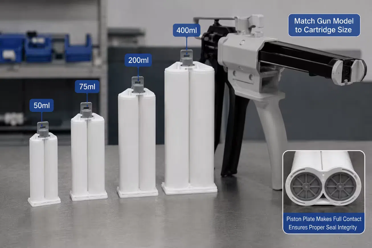 Dual cartridge epoxy sizes from 50ml to 400ml showing how matching the gun model helps maintain proper piston seal contact.