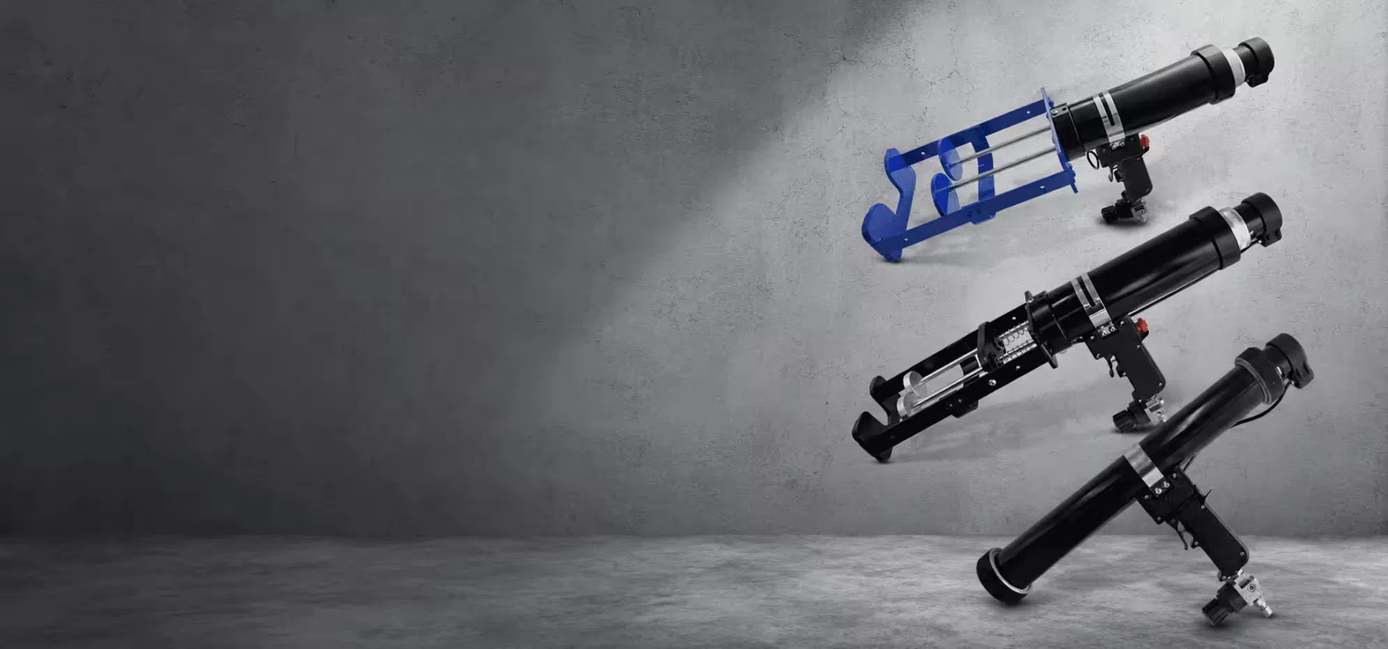Pneumatic caulking guns for professional sealant and adhesive dispensing on industrial banner background
