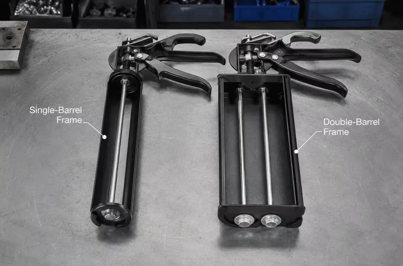 Side-by-side frame width comparison between a single-barrel caulk gun and a double barrel dual cartridge gun