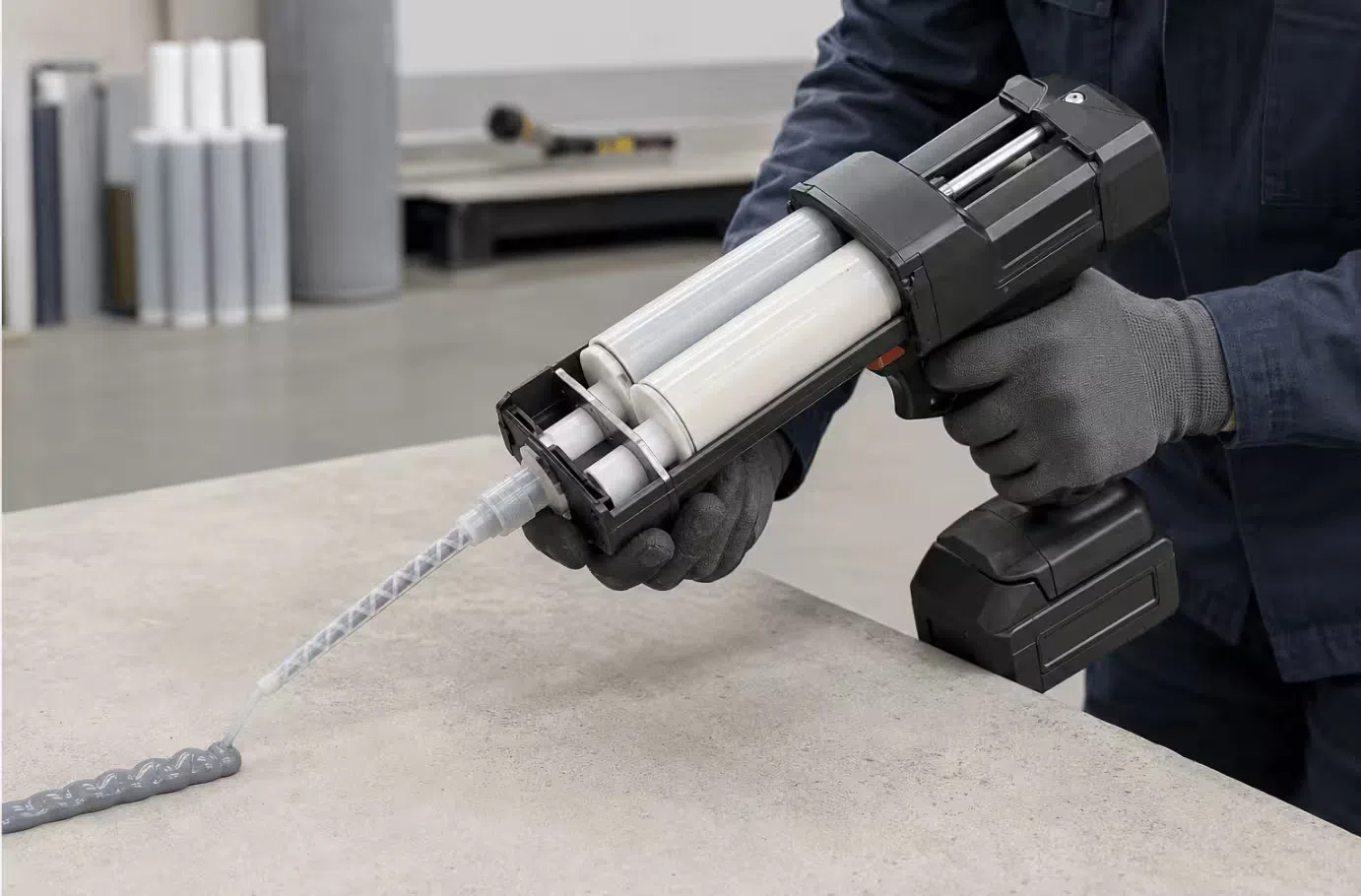 Cordless double barrel gun dispensing structural adhesive through a static mixing nozzle with motor-driven push rods engaged