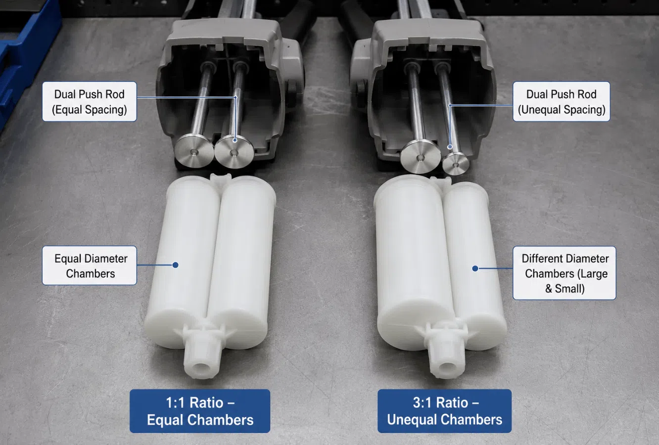 Side-by-side comparison of 1:1 and 3:1 dual cartridge chambers showing how push rod size changes with mixing ratio
