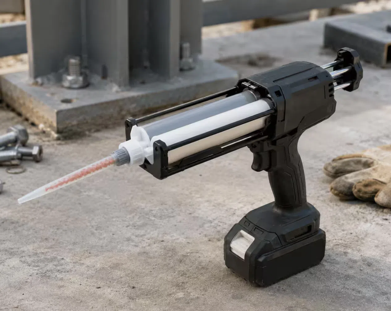Cordless dual cartridge epoxy gun loaded with a 200ml cartridge ready for dispensing on a construction jobsite