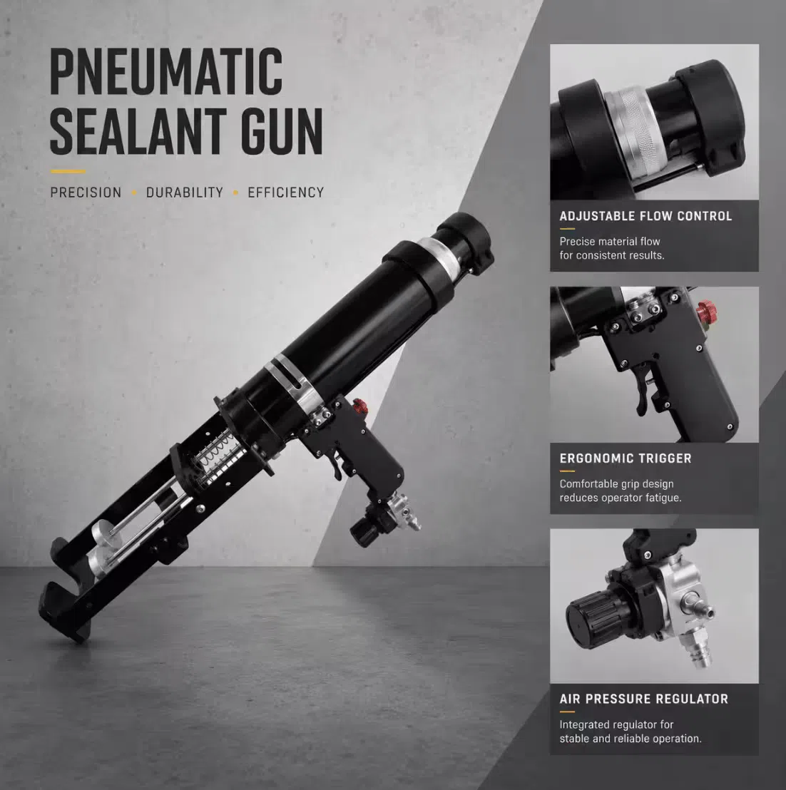 Pneumatic sealant gun with adjustable flow control, ergonomic trigger, and air pressure regulator for industrial dispensing