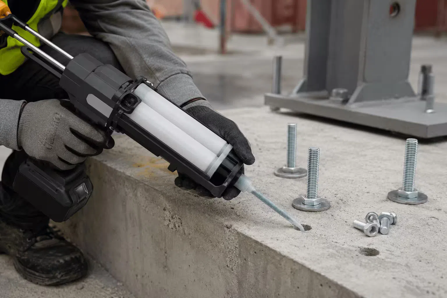Cordless dual cartridge epoxy gun dispensing structural adhesive through a static mixing nozzle during concrete anchoring work