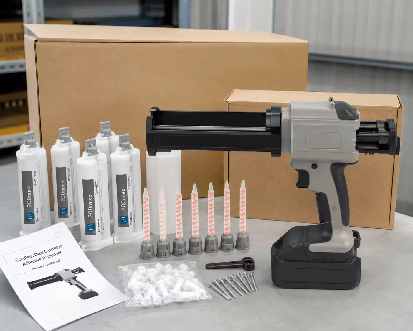 OEM-branded cordless dual cartridge gun alongside compatible adhesive cartridges and static mixing nozzles for wholesale distribution