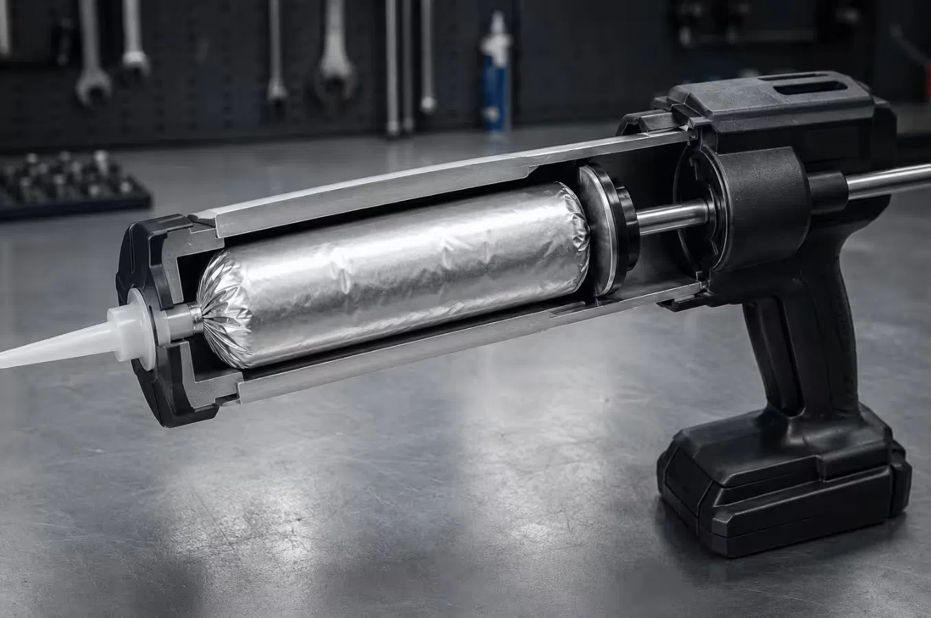 Cross-section of a sausage caulk gun barrel showing the 20 oz foil pack seated with the plunger plate at the rear and nozzle connection at the front
