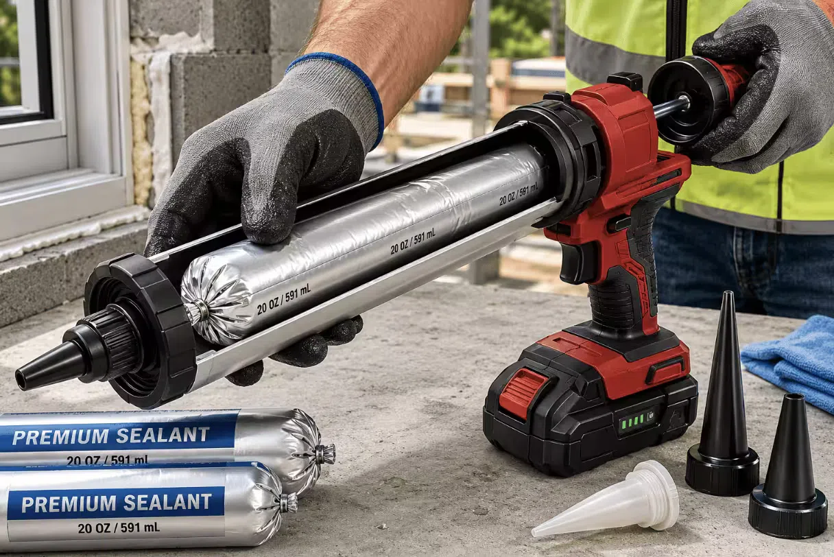Operator inserting a 20 oz foil sausage pack into a cordless caulking gun barrel with the sealed end aligned toward the nozzle
