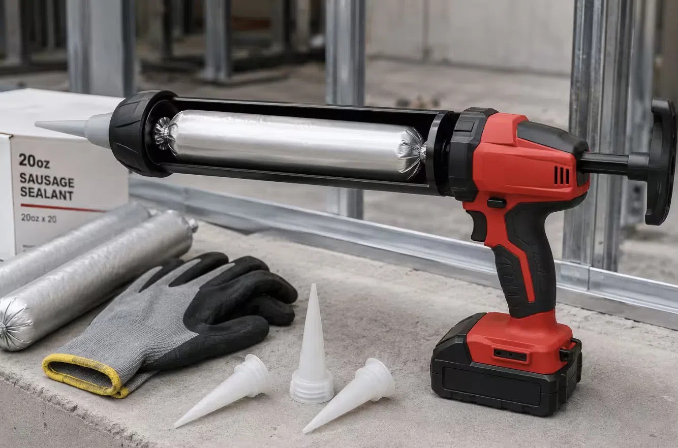 Sausage foil pack loaded into a cordless caulking gun barrel with the plunger compressing the crimped end to push sealant through the nozzle