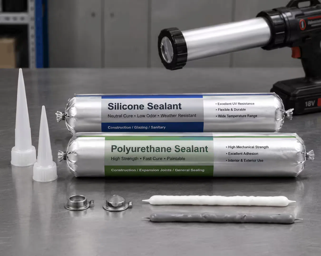 Silicone and polyurethane sausage sealant packs compared side by side, showing different foil labeling and nozzle types for material selection
