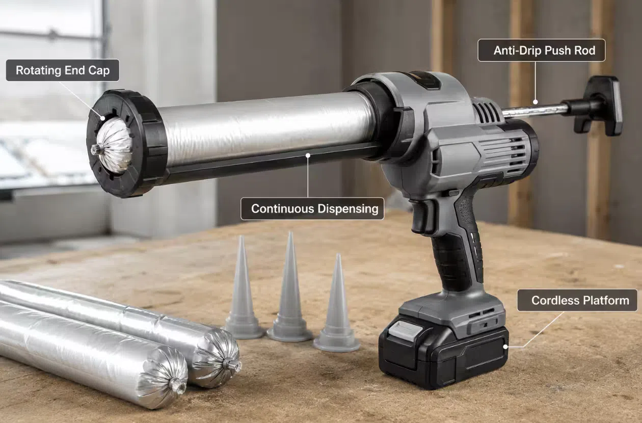 Cordless sausage caulking gun with rotating end cap and anti-drip push rod for professional continuous sealing work