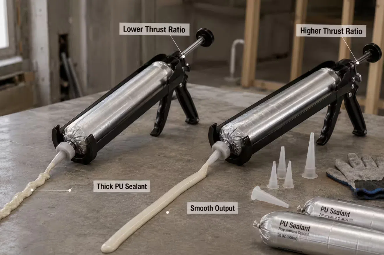 Low and high thrust ratio caulking guns compared for dispensing thick polyurethane sealant from a sausage pack