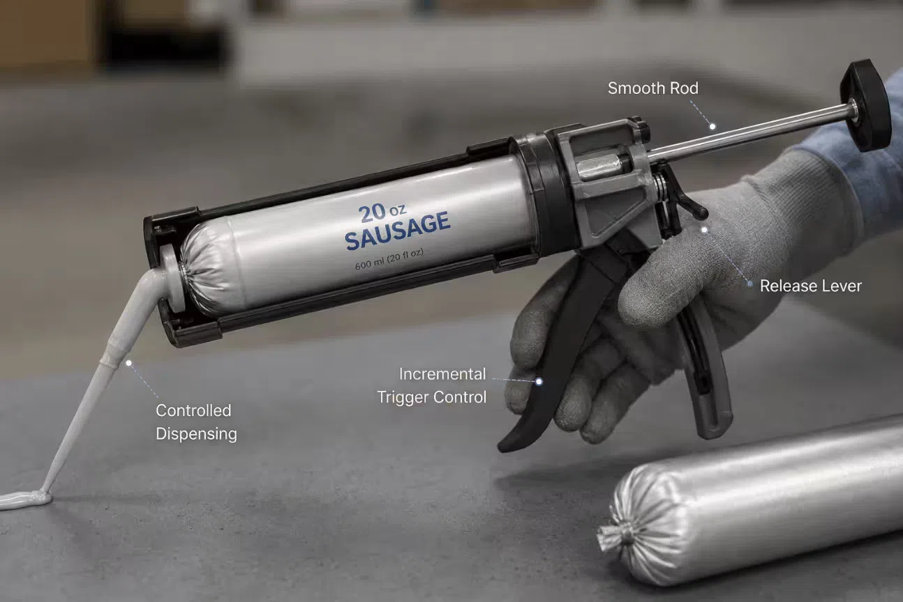 Cordless sausage caulking gun barrel showing 20 oz sausage pack loaded for dispensing sealant in a construction joint