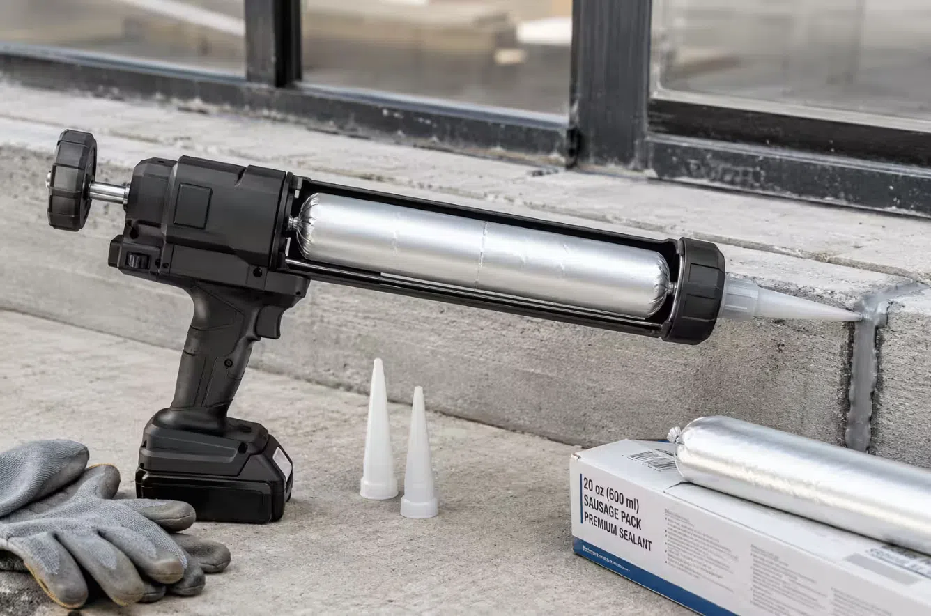Cordless sausage caulking gun barrel showing 20 oz sausage pack loaded for dispensing sealant in a construction joint