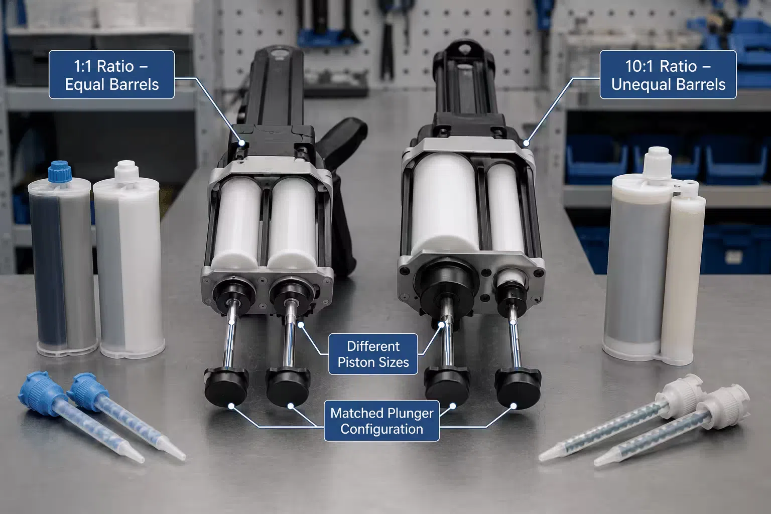 A 1:1 ratio dual cartridge gun next to a 10:1 ratio gun showing the different barrel diameters and how the plunger configuration changes with ratio