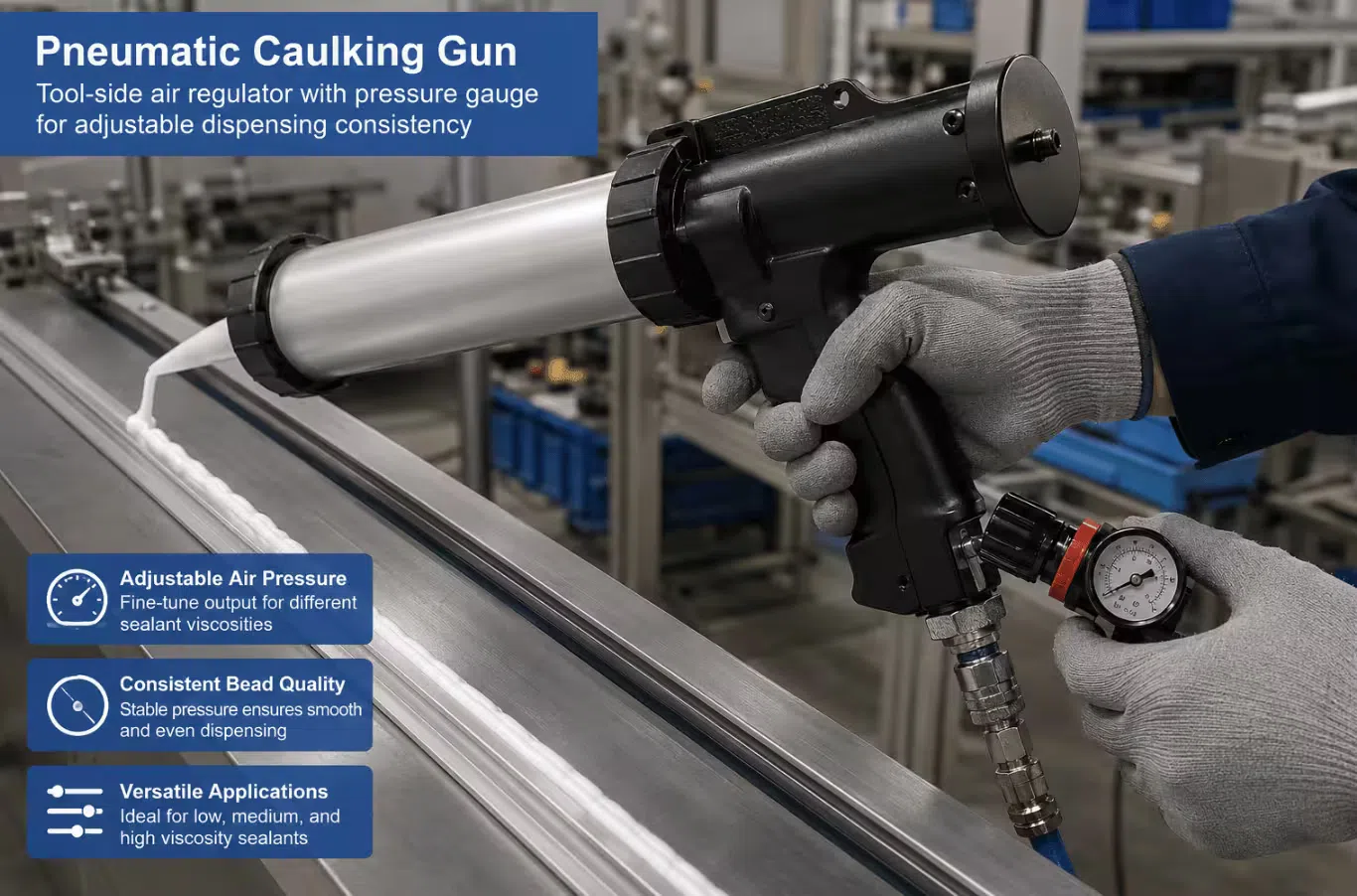 Pneumatic caulking gun with tool-side air regulator showing pressure gauge used to adjust dispensing consistency for different sealant viscosities on a production line