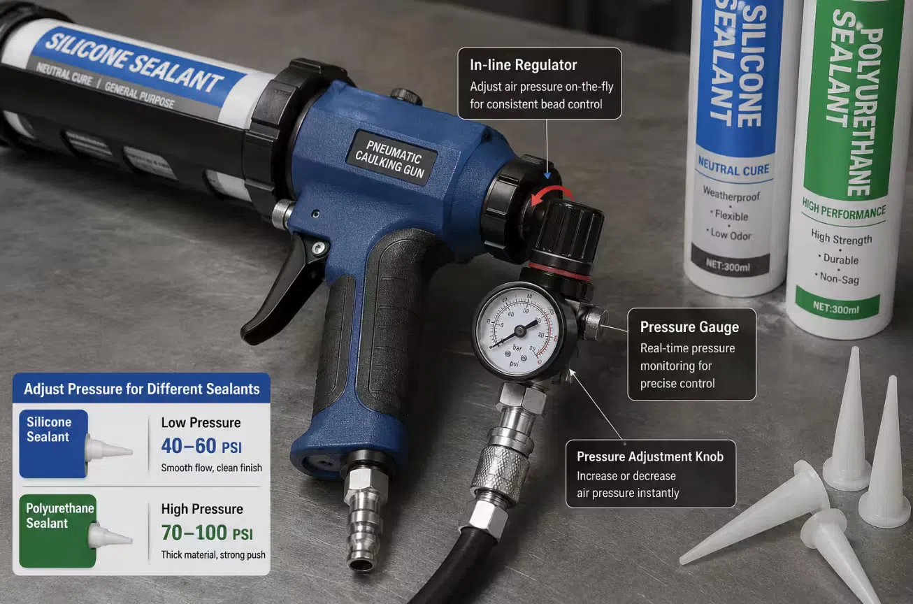 Compressed air caulking gun with in-line tool-side regulator mounted near the air inlet for on-the-fly pressure adjustment when switching between silicone and polyurethane sealants