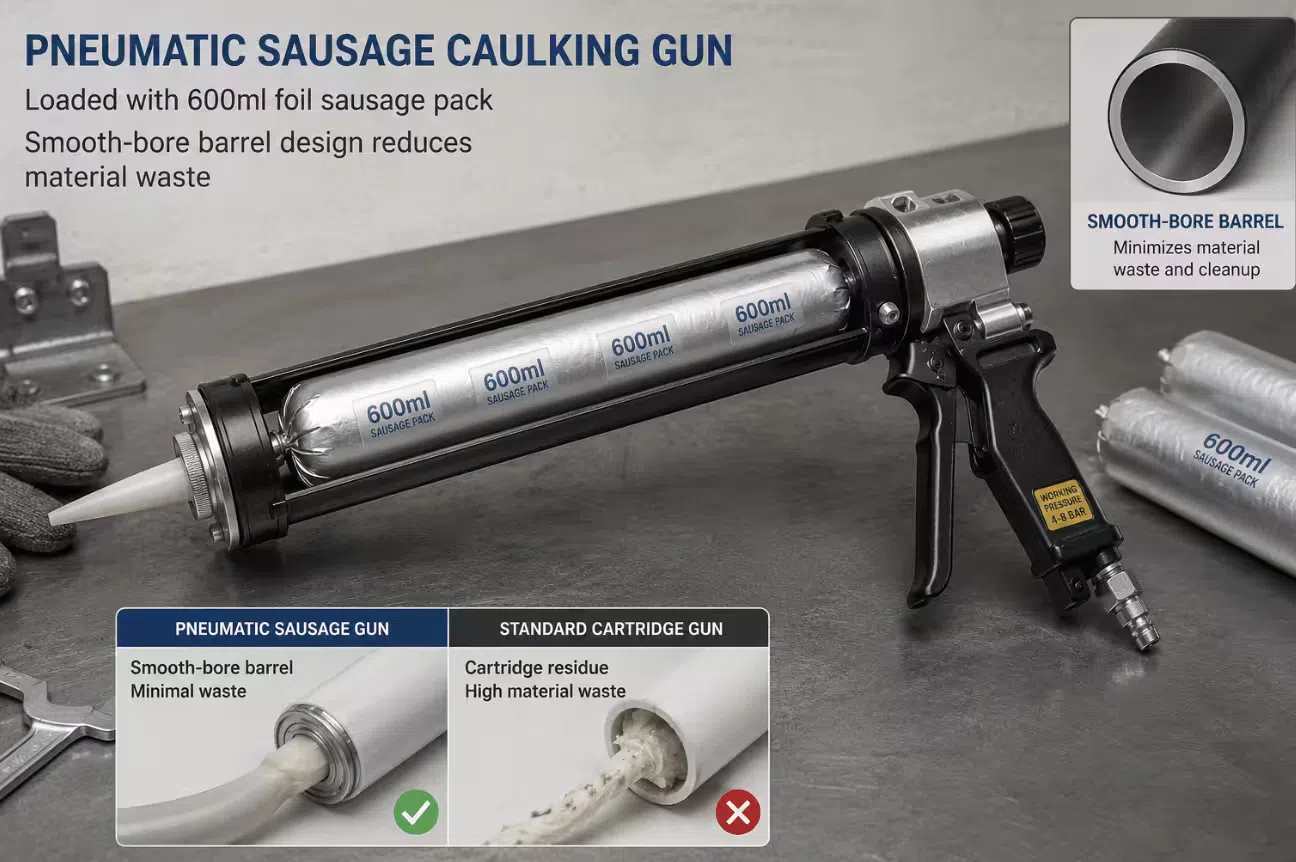 Pneumatic sausage caulking gun loaded with a 600ml foil sausage pack showing smooth-bore barrel design that reduces material waste compared to standard cartridge guns