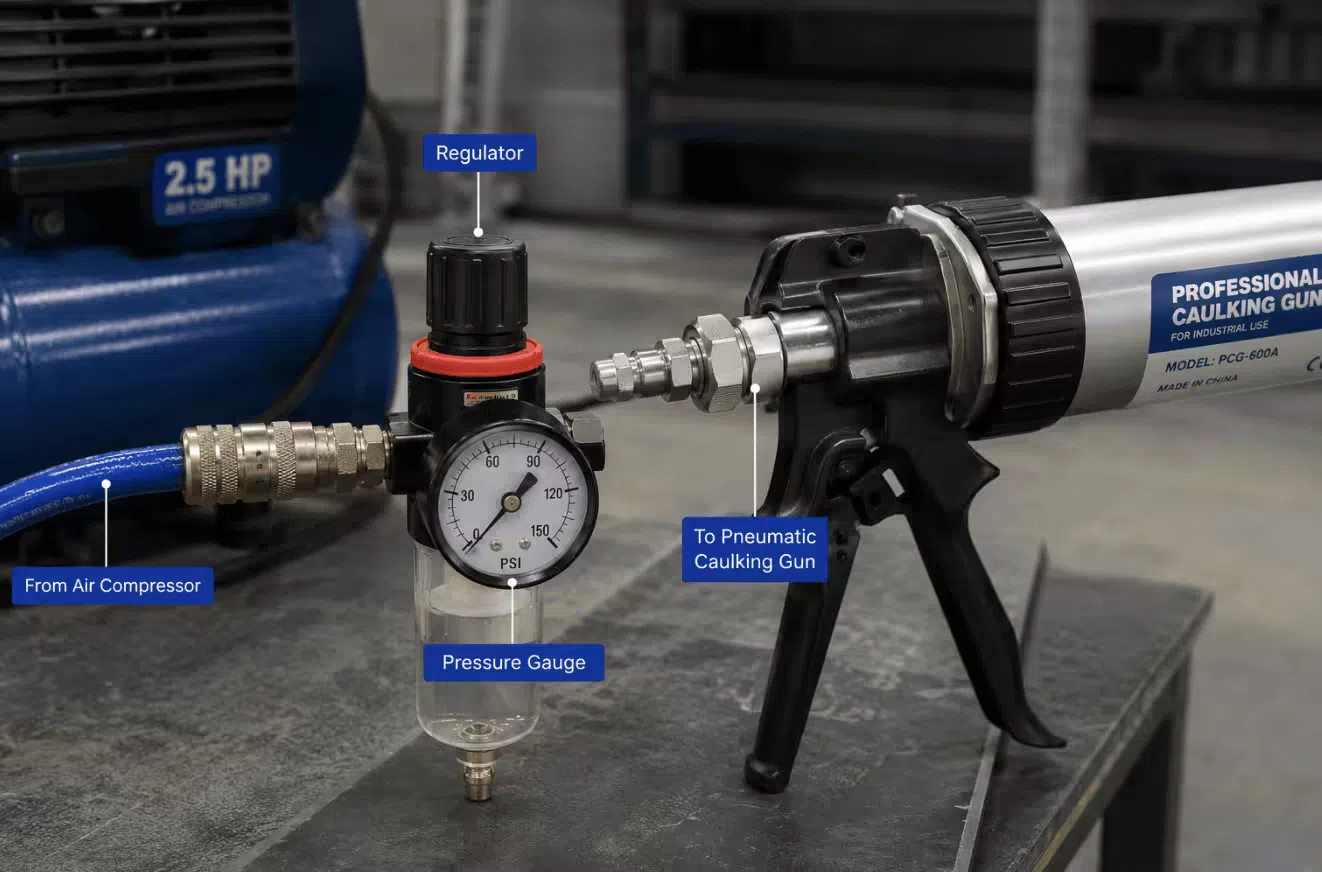 Regulator and pressure gauge connected between an air compressor hose and a pneumatic caulking gun, showing the PSI setting used to control sealant flow