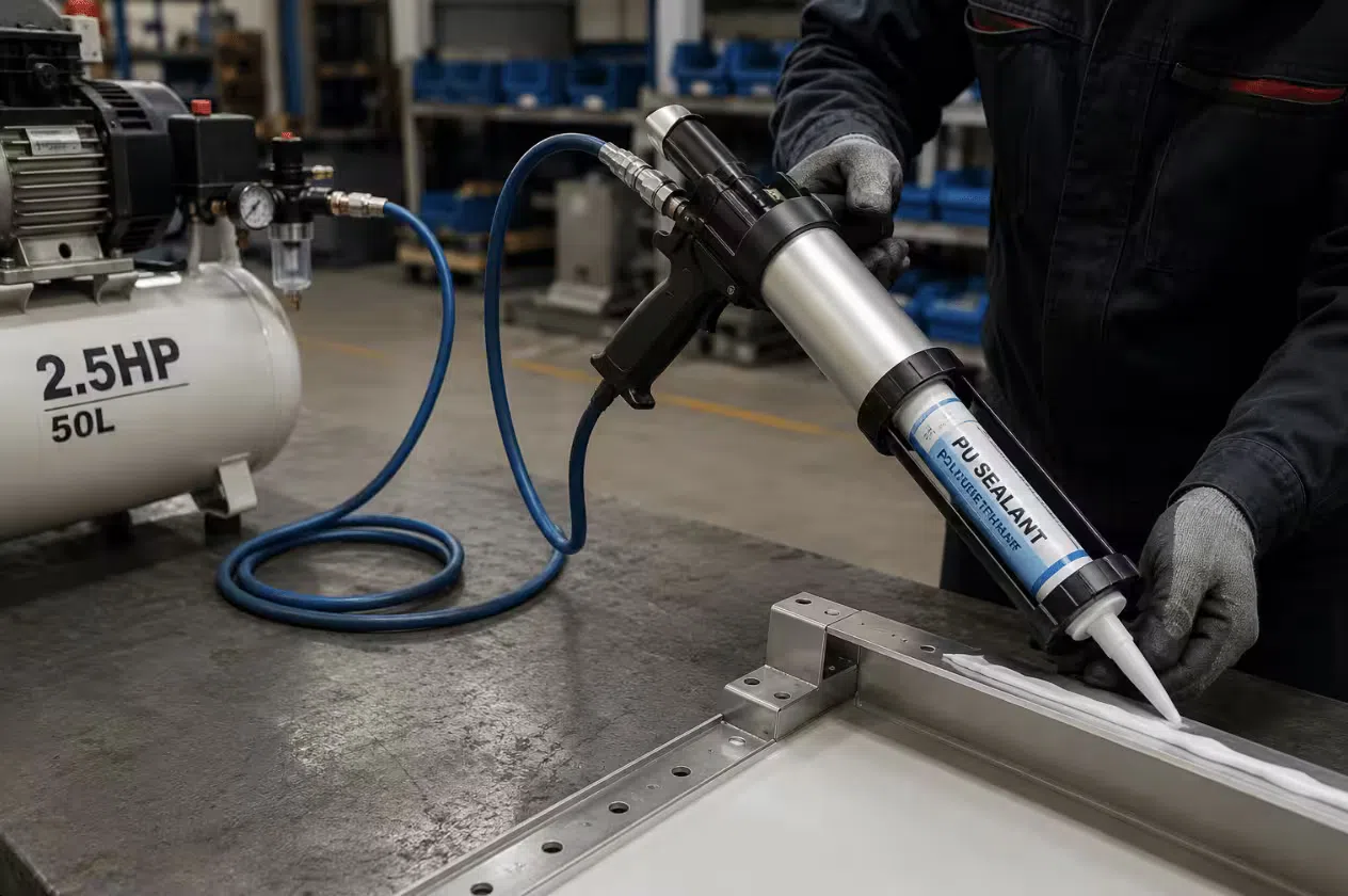 Pneumatic caulking gun connected to an air compressor hose on a factory workbench, shown dispensing sealant through a cartridge nozzle onto an assembly joint