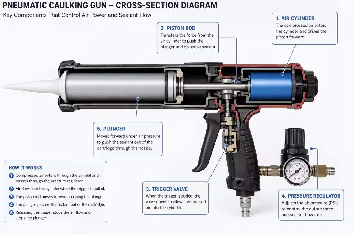 Cross-section diagram of a pneumatic caulking gun showing the air cylinder, piston rod, trigger valve, and pressure regulator that control sealant flow