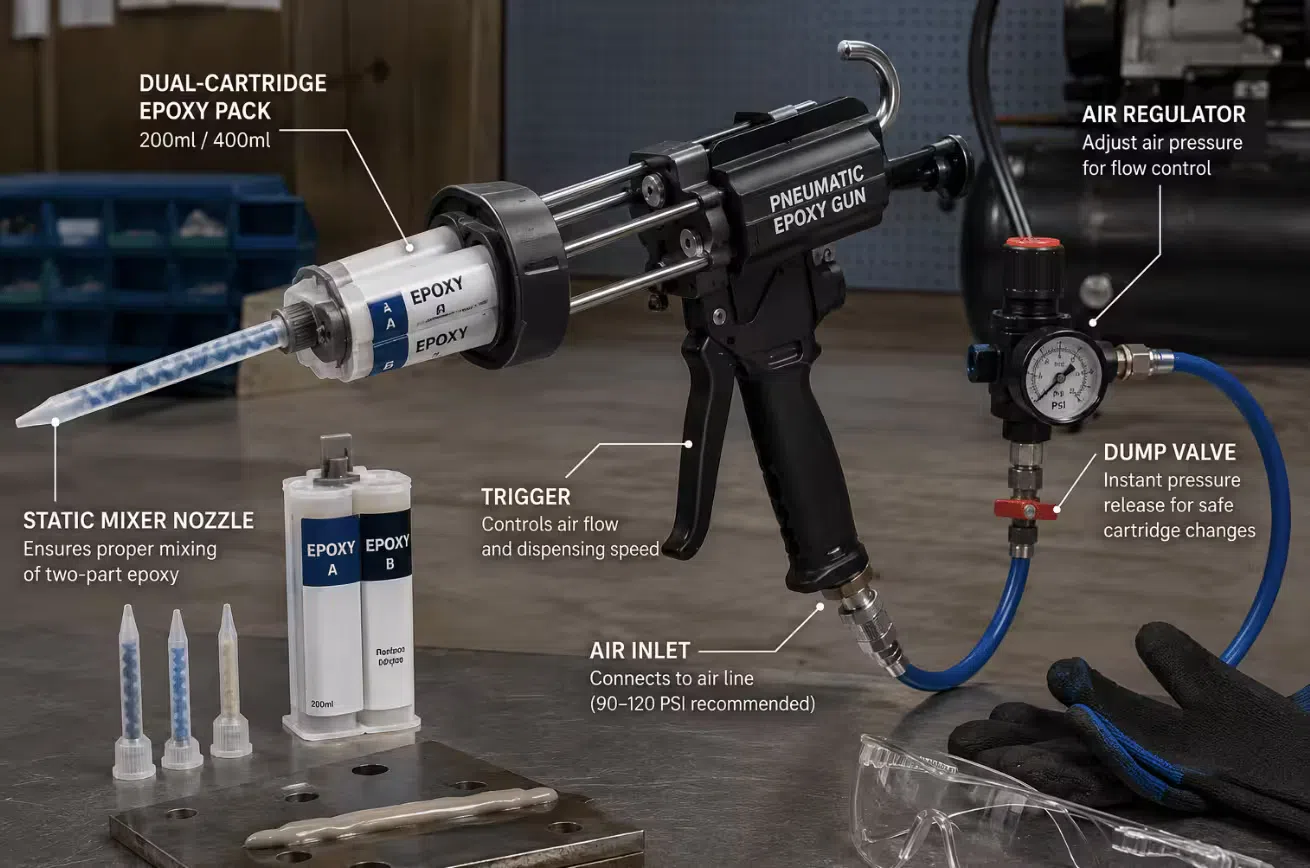 Pneumatic epoxy gun fitted with a dual-cartridge epoxy pack and static mixer nozzle, connected to an air line on a workshop bench, showing the air regulator and dump valve controls