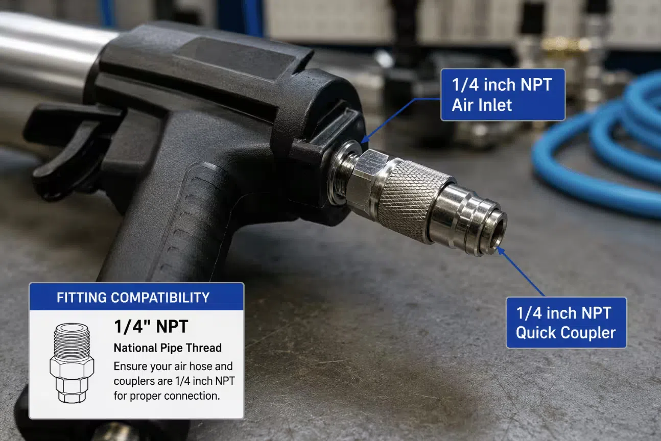 Close-up of a pneumatic tool air inlet showing a 1/4 inch NPT quick coupler fitting, demonstrating the fitting compatibility point that B2B buyers need to check for their regional market